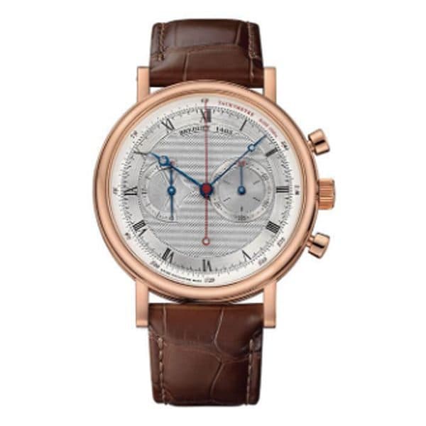 Breguet Classique 5287Br/12/9Zu Silver Roman Numerals 42.5Mm 18K Rose Gold Brown Leather Straps Men'S Watch